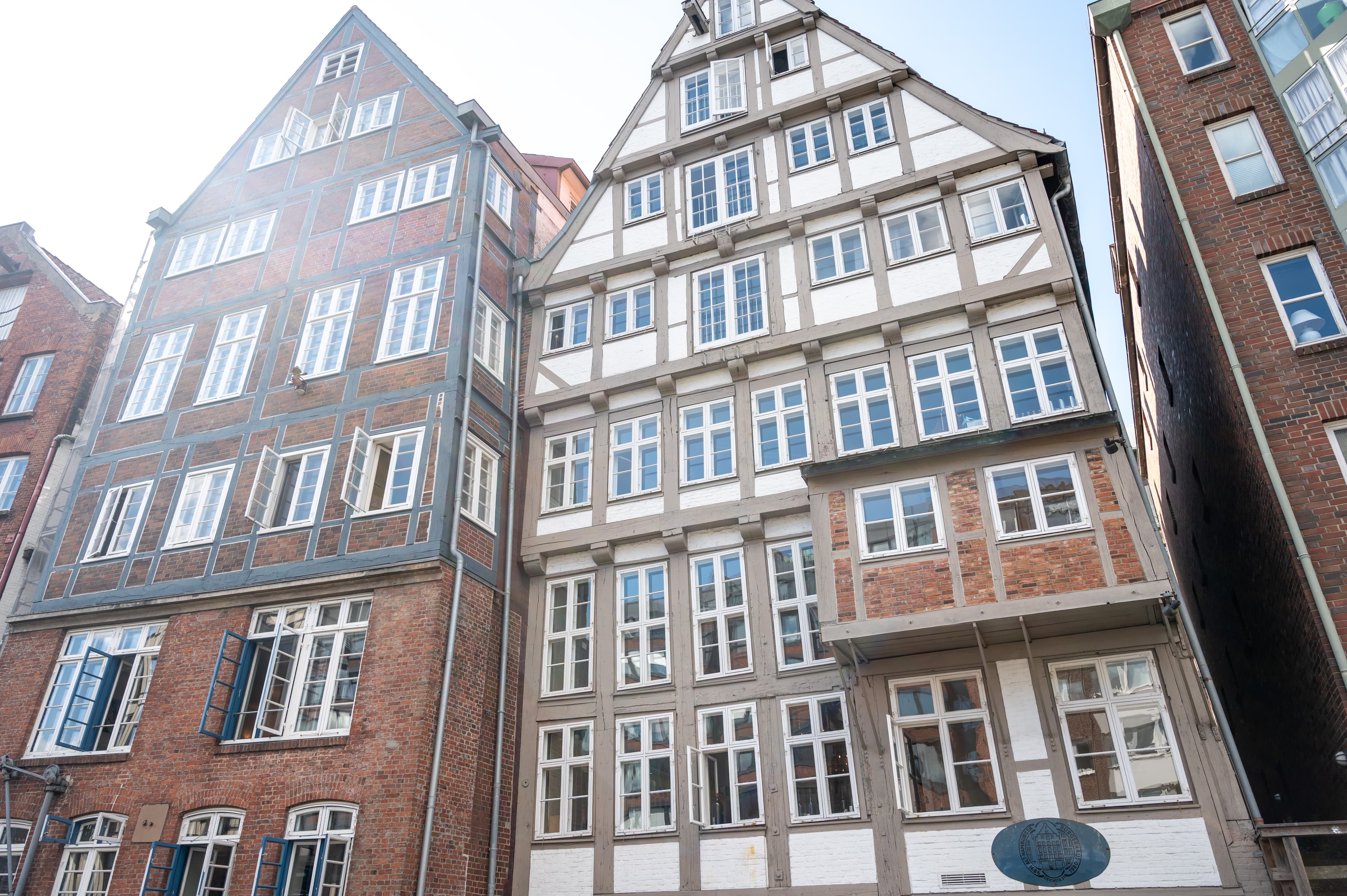 Guide with tour group in Hamburg's historic district