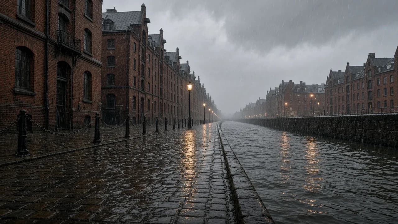 Wet Speicherstadt cobblestones and red-brick warehouses under grey rain clouds in Hamburg